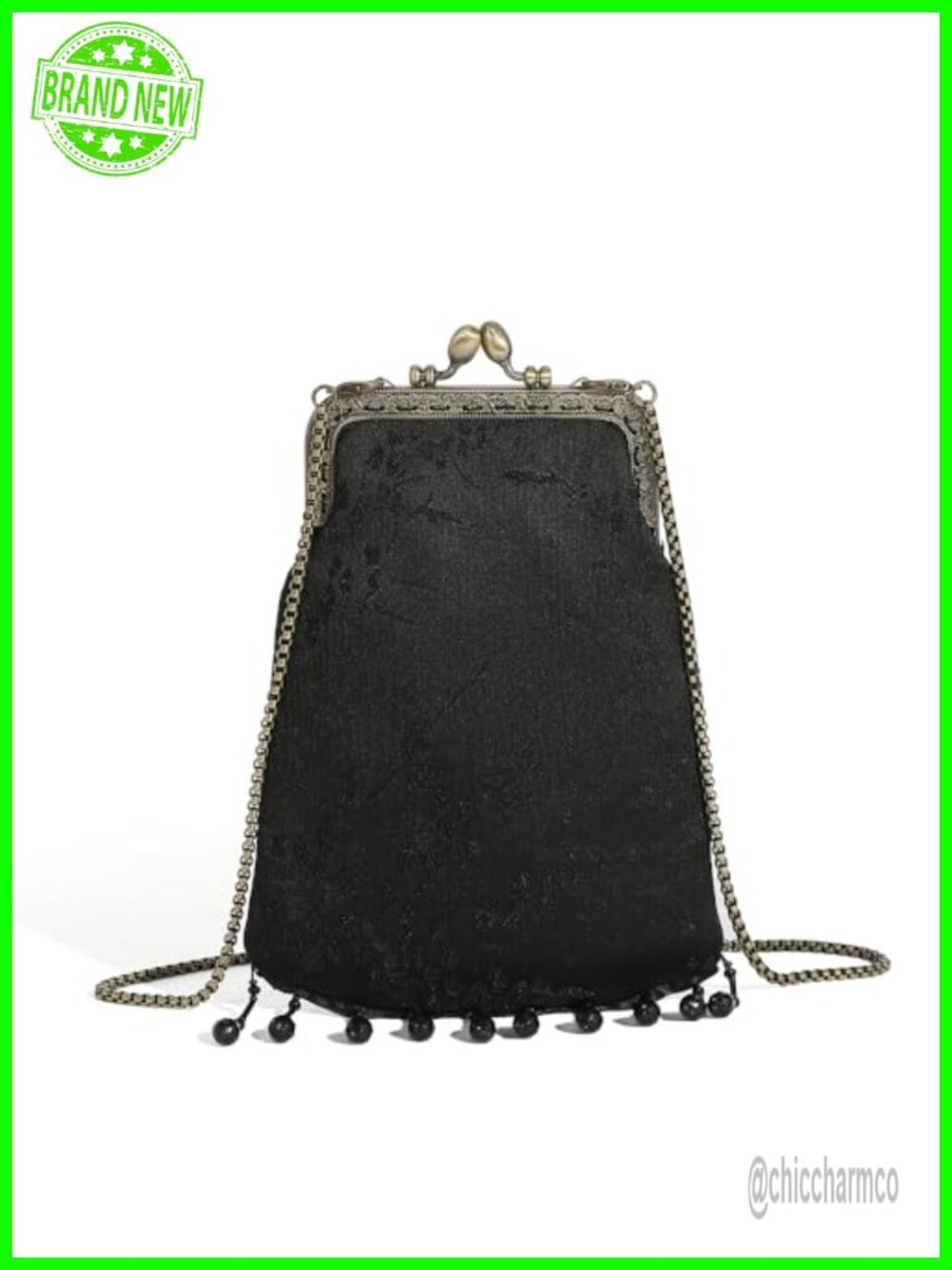 Vintage Jacquard Kiss Lock Crossbody Bag Beaded Tassel Evening Clutch